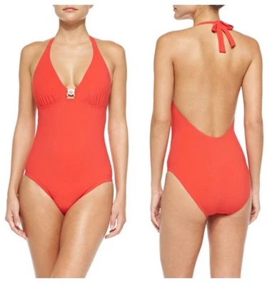 全新带标签 $195 尺寸大号 Tory Burch 标志纯色红色吊带连体泳衣 — 第 1/4 张图片