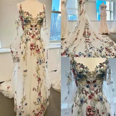 Illusion Spaghetti Straps A-Line Wedding Dress Long Sleeve Floral Bridal Gowns. - Image 1 of 4