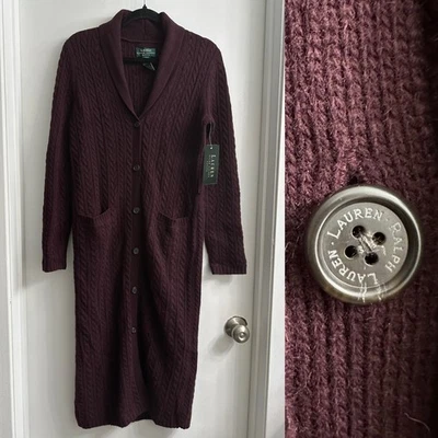 LAUREN RALPH LAUREN Wool Cashmere Cable-Knit Duster Cardigan Eggplant Petite *** - Image 1 of 4
