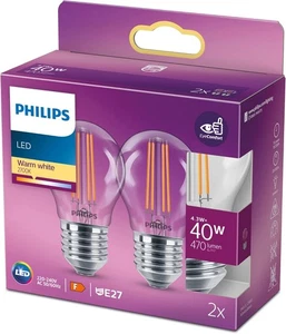 Philips LED Classic E27 Lámpara 40 W Forma de Gota Claro Blanco Cálido Pack de 2 En.Cl. F - Imagen 1 de 1