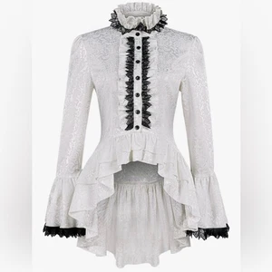 NUOVO Halloween Medioevale Vittoriano Stand Collare Svasato Manica Gotica Corte Camicia L - Foto 1 di 10