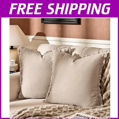Soft and Cozy 20-Inch Beige Linen Pillow Covers with Fringed Tassels - 2 Pack - Image 1 of 4