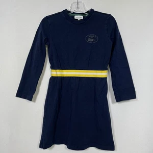 Lacoste Navy Blue Long Sleeve Yellow Belted Patch Casual Dress Girl's Sz 8 - Picture 1 of 10