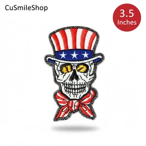 Parche de gorra calavera sombrero de copa de Estados Unidos bandera de Estados Unidos esqueleto motociclista bordado hierro en apliques - Imagen 1 de 3