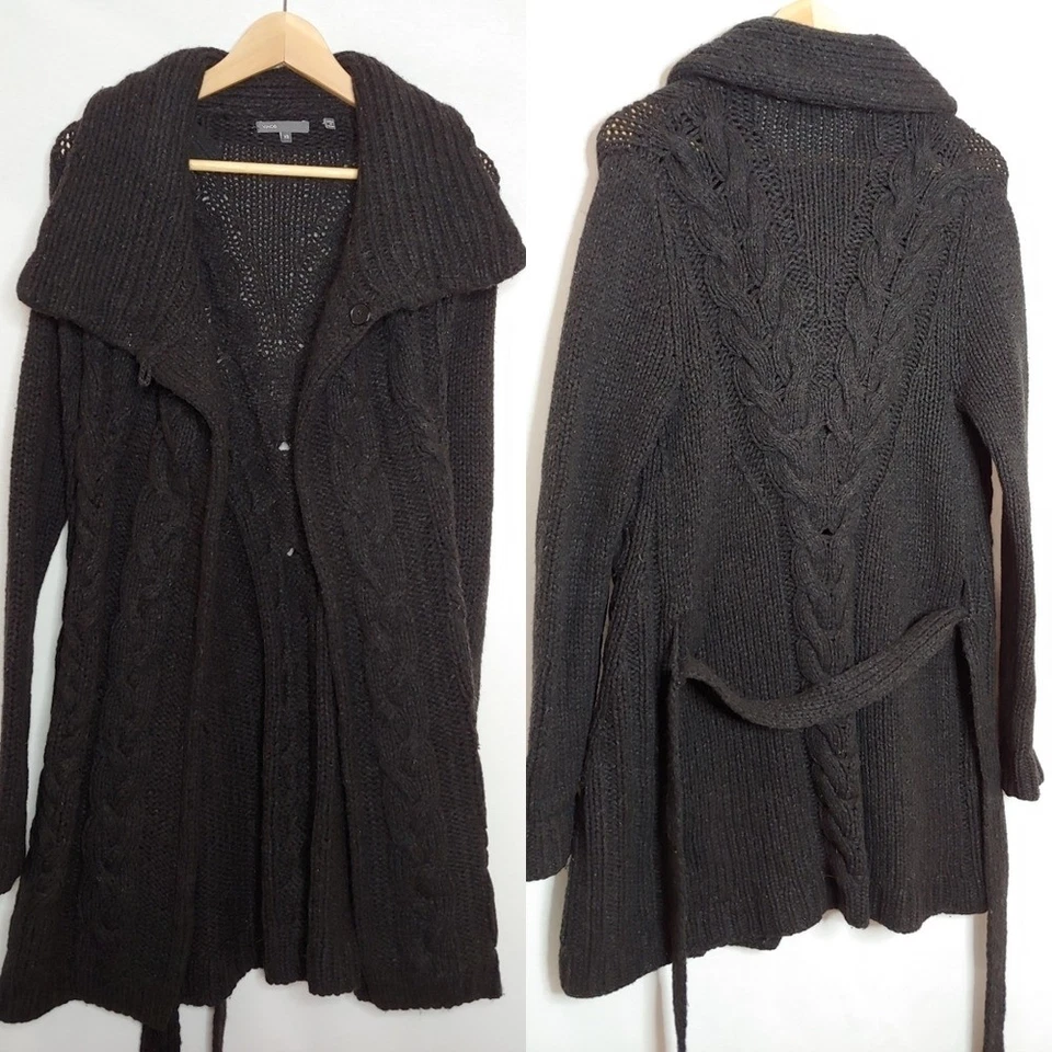 Cárdigan Vince Grueso Tejido Longline Frente Abierto Lana Yak Negro Gris XS Cinturón Foto 1 de 4