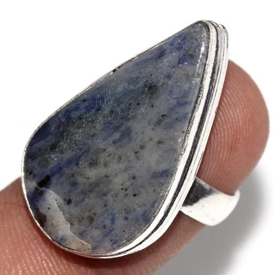 Anel étnico de sodalita folheado a prata 925 feito à mão joia de pedra preciosa tamanho EUA 5,5 GW - Imagem 1 de 3