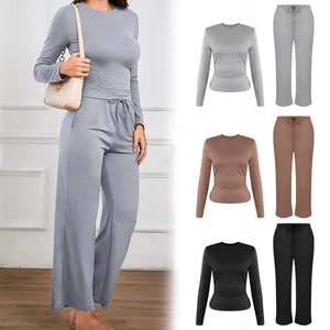 Conjunto de salón de dos piezas de chándal sudadera pierna ancha pantalones jogger para mujer - Imagen 1 de 14