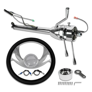 Chrome Auto Steering Column 30" No Key & 14" 9 holes Steering Wheel& Horn Button - Picture 1 of 5
