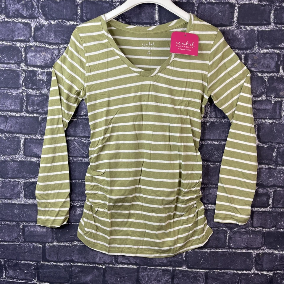 Ingrid & Isabel Maternity Olive White Stripe Size XS Shirred Sides
