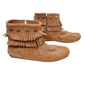 Minnetonka Double Fringe Side Zip Boot Ankle Bootie Moccasin Womens Size 10 - Picture 1 of 8
