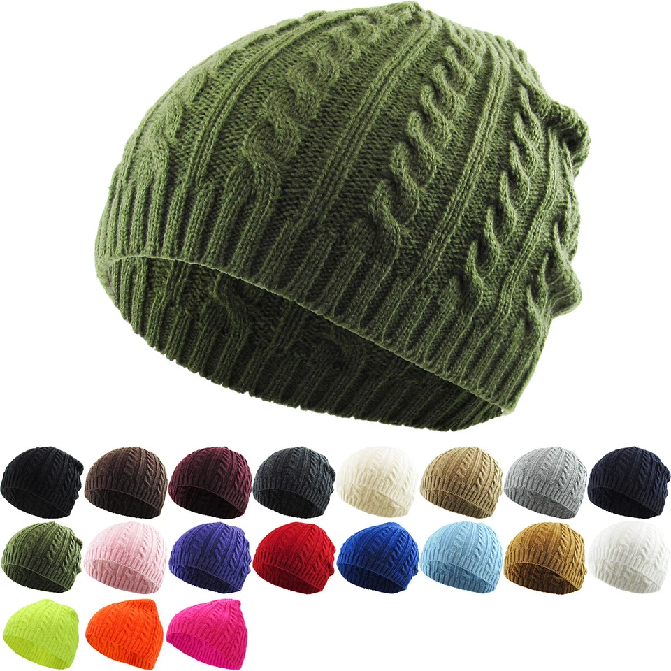 Cable Knit Beanie Solid Cuffless Trendy Stretchy Winter Hat Ski Cap - Image 1 of 1