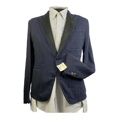 全新带标签 Viktor & Rolf Monsieur 蓝色带黑色翻领 Ramie 纤维胶运动外套男式 38R — 第 1/4 张图片