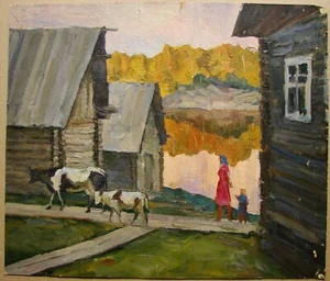 Ukrainian Soviet Oil Painting impressionism village house river cow girl child - Picture 1 of 5
