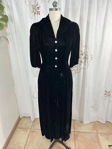 Vtg 30s Black Silk Velvet Long Dress Rhinestone Buttons Evening Hollywood sz 8/S - Picture 1 of 13
