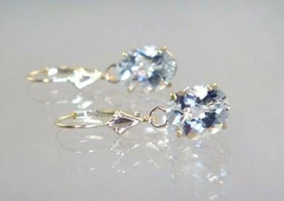 14k Gold Leverback Earrings, Silver Topaz, E107 - Image 1 of 4