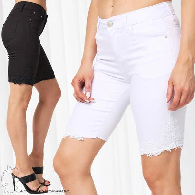 Donna Pantaloncini Denim Vita Alta Shorts Bermuda Jeans Elasticizzati Pizzo NUOV - Immagine 1 di 2