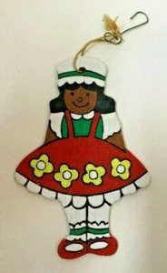 Christmas Ornaments Painted Flat Wood Black Girl Red Swiss German Dress - Picture 1 of 3
