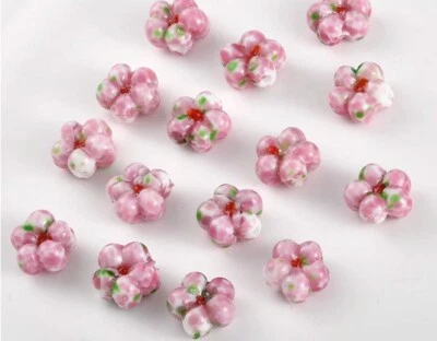 10 cuentas de vidrio de murano hechas a mano flor rosa con punto verde 7,5*14 mm Foto 1 de 4