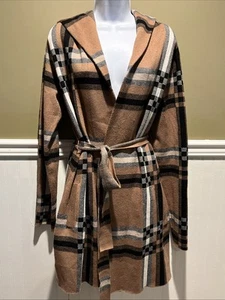 Veste cardigan ouverte à capuche ceinturée à carreaux Christian Siriano taille M marron - Photo 1 sur 11