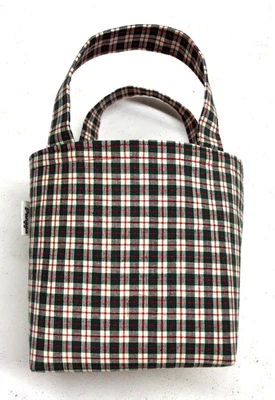 Mini sacola/sacola de presente forrada de tecido feita à mão verde e branca estampa xadrez de Natal - Imagem 1 de 4