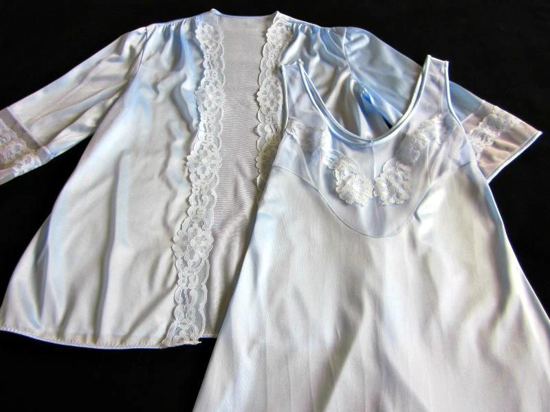 Vintage Nightgown + Robe Peignoir Set S Silky Blue Nylon Illusion Lace Bodice - Image 1 of 4