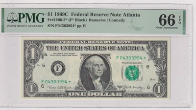 Fr 1906-F* 1969C $1 FRN F04303954* PMG 66EPQ GEM CU ATLANTA 1969-C - Image 1 of 2