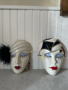 2 Vintage Art Lady Face Clay Ceramic Mask Wall Hangings Flapper Art Deco Woman - Picture 1 of 13