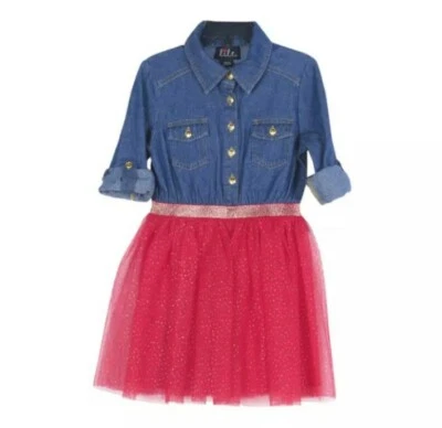 Lilt Girls Plus 3/4 Roll Sleeve Denim Red Gold Glitter Mesh Dress Size XXL(20.5) - Imagem 1 de 4