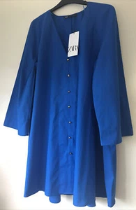 ZARA SS22 BLUE V-NECK SHORT VOLUMINOUS MINI POPLIN DRESS SIZE M BNWT - Picture 1 of 10