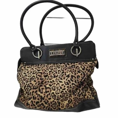 CHAPS Purse Cheetah Print Black & Brown Faux Leather Bag Zipper & Snaps - Image 1 of 4