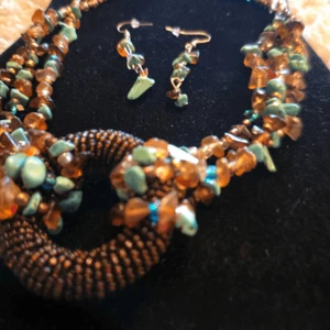 NWOT Turquoise + Amber Chip Bead Necklace & Earrings - Picture 1 of 5