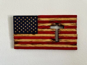 Handmade Rustic Wooden American Flag with Cross 10" x 18" - Picture 1 of 7