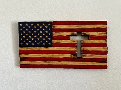 Handmade Rustic Wooden American Flag with Cross 10" x 18" - Image 1 of 4