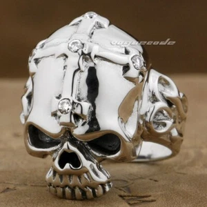 925 Sterling Silver CZ Stone Corss Skull Ring Punk Jewellery 9G013C UK N½~Z4 - Picture 1 of 24