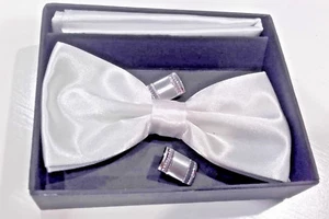 Set papion farfalla cravattino gemelli BIANCO raso papillon sposo cerimonia uomo - Picture 1 of 4