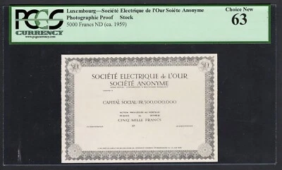 Luxembourg 5000 Francs ND (ca1959) Stock Photographic Proof Back - Image 1 of 2