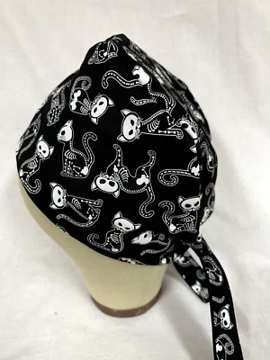 Men/Women Surgical Scrub Cap Lined Skeleton Cats Day Of The Dead. 100% Cotton - Image 1 of 3