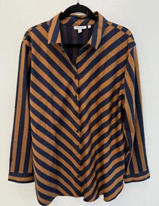 Chico's Size 4 / 20 No Iron Stretch Navy & Brown Stripe Button Front Tunic - Picture 1 of 6