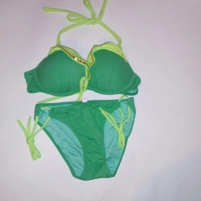 Bikini de natación Victoria Secret 32B parte superior pequeña parte inferior verde lentejuelas adorno magnífico empuje Foto 1 de 4
