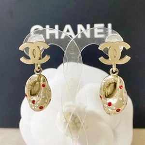Chanel Earrings Coco Mark Seashell Swing Stone Red Gold Used - Picture 1 of 4