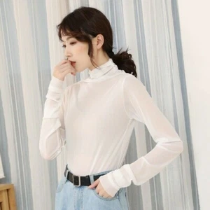 Lady Mesh Blouse See Through Sheer Tops Long Sleeve Turtle Neck Thin Sexy Casual - Picture 1 of 20