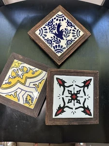 Set 3 Vintage 1970’s Wood Framed Dal Tile Mexican Tile Trivet Hot Plates - Picture 1 of 8