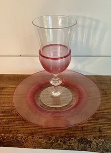 Steuben-Carder Era Colorless & Gold Ruby Threaded Optic Rib Goblet & Plate #6360 - Picture 1 of 11