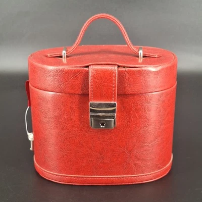 Vtg Small Hand Held Makeup Case with Mirror & Key Oval Retro MCM Red 5.75" Tall - Image 1 of 4