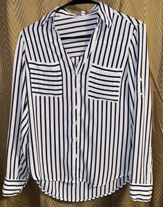 Express Portofino Shirt Womens XS Blue White Striped Button Up Blouse Pocket - Picture 1 of 11