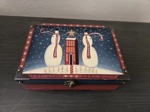 Vintage handbemalte Weihnachtskartenbox aus Holz, Schneemann, Lichtstern hell, 5x7" - Bild 1 von 16