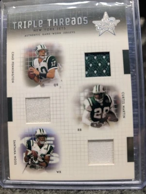 2003 Triple Threads Chad Pennington/Curtis Martin/Santana Moss Jersey Card /100 - Image 1 of 3