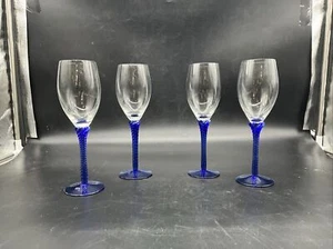 Set of Four Clear Champagne Glasses with Cobalt Blue Twisted Stems - Picture 1 of 6