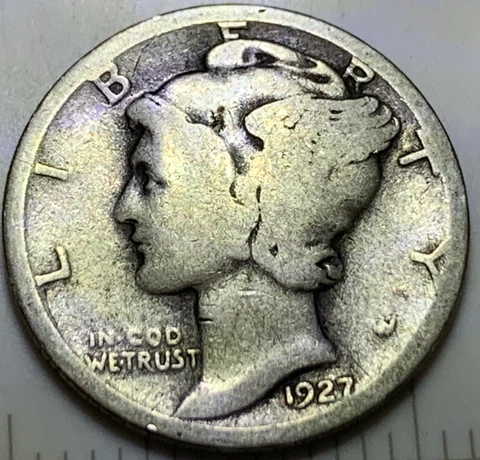 1927-P 0.9 Silver Mercury Dime G+: Line Present Fasces Cover