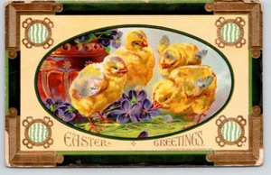 POSTCARD GREETING EASTER CHICKS & FLOWERS - 1920 - Picture 1 of 2